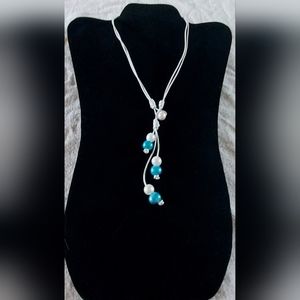 Handmade Light Blue & White Pearl & Metallic White Leather 2-Way Necklace